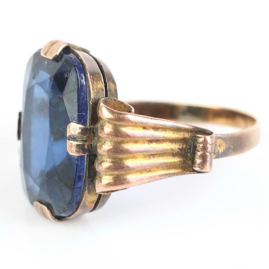 Antique 10k Solid Yellow Gold Ring Large Blue Sto… - image 9