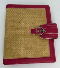 Franklin Covey ~Classic Size~ Pink 'Leather' Woven Straw Raffia Binder