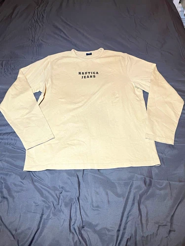 Nautica Jeans Company Men’s Beige Graphic Logo Crew Neck Long Sleeve Tee L - product listing photo