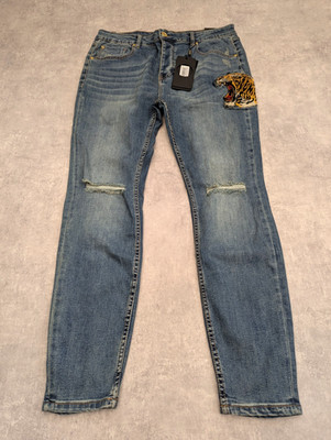 Glorious Gangsta Jeans Herren W34 L30 Blue Sabre Tiger bestickt Grunge Y2K 00s