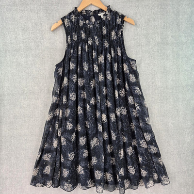 Joie Baltic Smocked Chiffon Swing Dress Womens Large Blue Abstract Floral Boho
