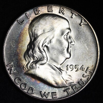 #ad #ad 1954 PQ Toning Franklin Half Dollar CHOICE BU UNCIRCULATED MS E756 WEL $71.93