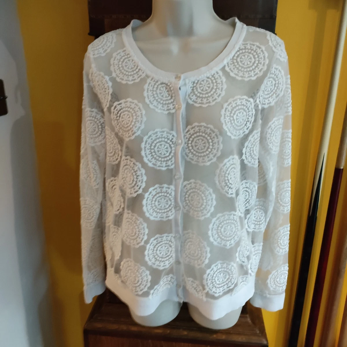 M S Indigo Range Size 12 Ivory White Lace Cardigan Top Embroidered