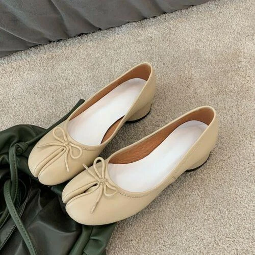Women's Mid Heel Ballet Court Shoes - Leather Bowtie Tabi Split Toe Design Uk - Picture 14 of 22