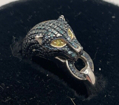 Sterling Silver Blue & Yellow Diamond Panther Jaguar Ring Size 8