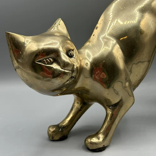 Brass Cat  Sculpture Large Figurine Mid Century Vintage 1970’s Long Tail Patina