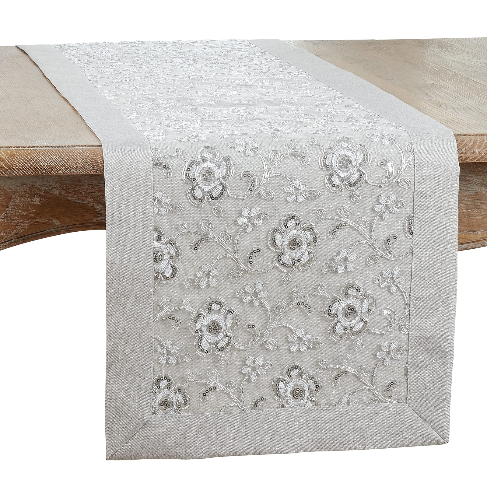 Floral Embroidered Table Runner, Silver, 16