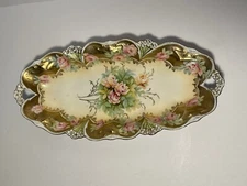 RS Germany Antique Celery Dish Flowers, Green, Pink With Gold Trim