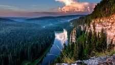 Landscape nature rocks trees cliff river Custom Gaming Mat Desk