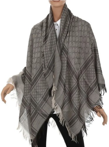 GUCCI GG Logo Diamante Wool Silk Beige Brown Survive Shawl Square 55" Scarf NEW - Picture 17 of 19