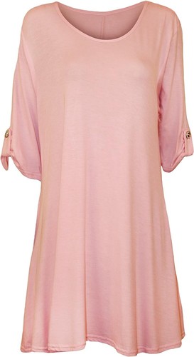 Womens Plus Size Scoop Neck Short Sleeve Flared Ladies Long Plain Top - Picture 38 of 45