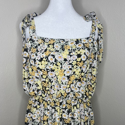 Social Standard by Sanctuary Black Yellow Floral Shoulder Tie Smocked Midi Dress - Picture 2 of 10
