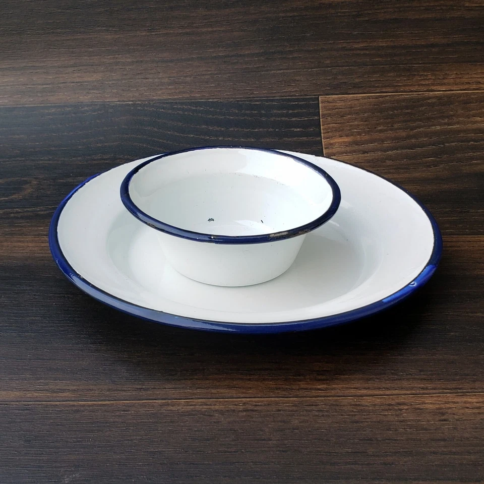 Collectible Set of Porcelain Enamel Bowl and Plate Vintage style Enamel Cookware - Image 4 of 4