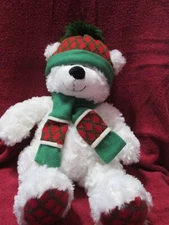 Hugfun 18" White Teddy Bear w/ Red & Green Scarf Hat Paws Xmas Winter plush NWOT