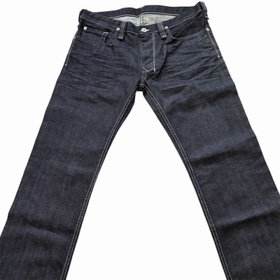 Rockabilly Dark Wash Blue Denim Straight Slim Jeans 5-Pocket Button Logo