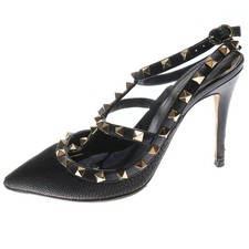 VALENTINO Rockstud Beaded Embroidery Heel Leather Strap Pumps Shoes Black Ladies