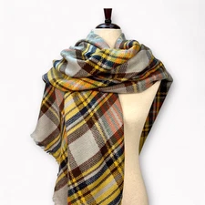 Plaid Blanket Scarf Autumn Fall Winter Shawl Fringe Large Soft Neck Brown Orange