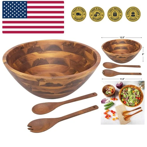 Elegant 12.5" Acacia Wood Salad Bowl Set with Utensils – Handmade & Unique