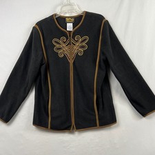 Bob Mackie Wearable Art Fleece Jacket Womens Medium Black Gold Embroidered Zip