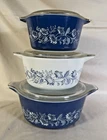 PYREX Vintage Colonial Mist Blue White Casserole Set of 3 475 + 474 + 473 w/Lids