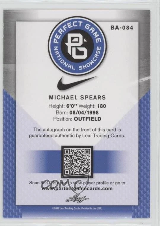 2016 Leaf Perfect Game National Showcase Blue /15 Michael Spears #BA-084 Auto - Image 2 of 2