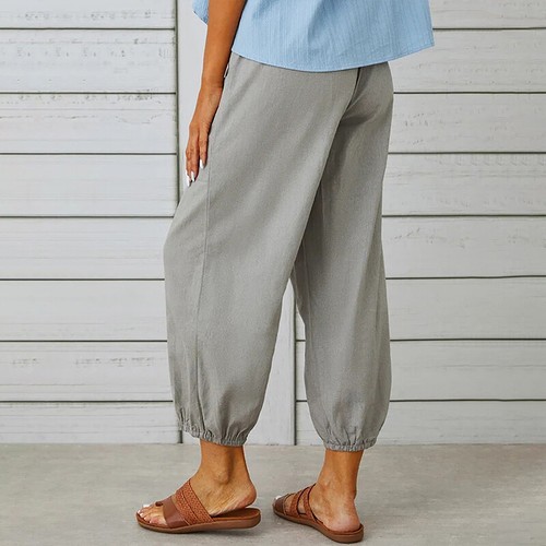 Womens Casual Cotton Linen Wide Leg Pants Floral Loose Elastic Waist Trouser US~ - Picture 11 of 26