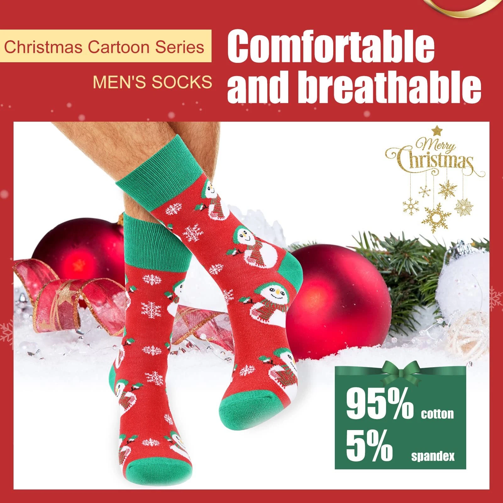 6 Pack Christmas Crew Socks for Men US Size 6-13 Festive Holiday Socks