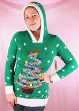 Ugly Christmas Sweater Green Tinsel Christmas Tree Pom Pom Hooded XS S NWT 