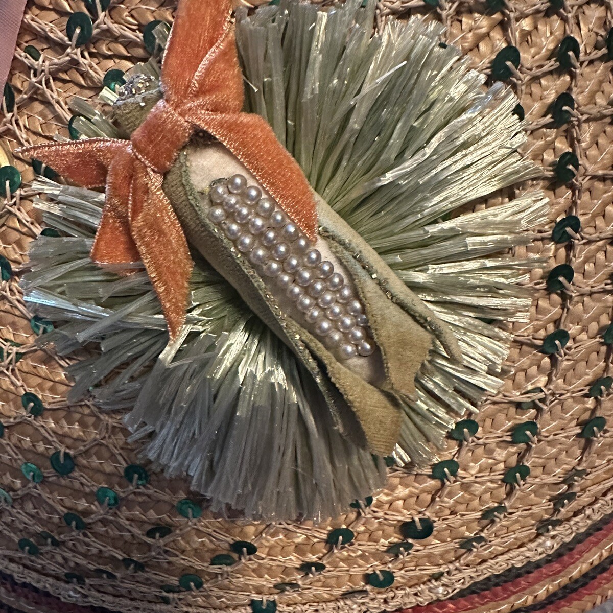 Vintage Straw Japanese Kasa Shape Hat With Dragonfly Embellishment