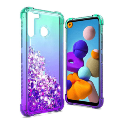 For Samsung A21 Liquid Glitter Quicksand Two Tone Shockproof TPU Case GREEN/PURP