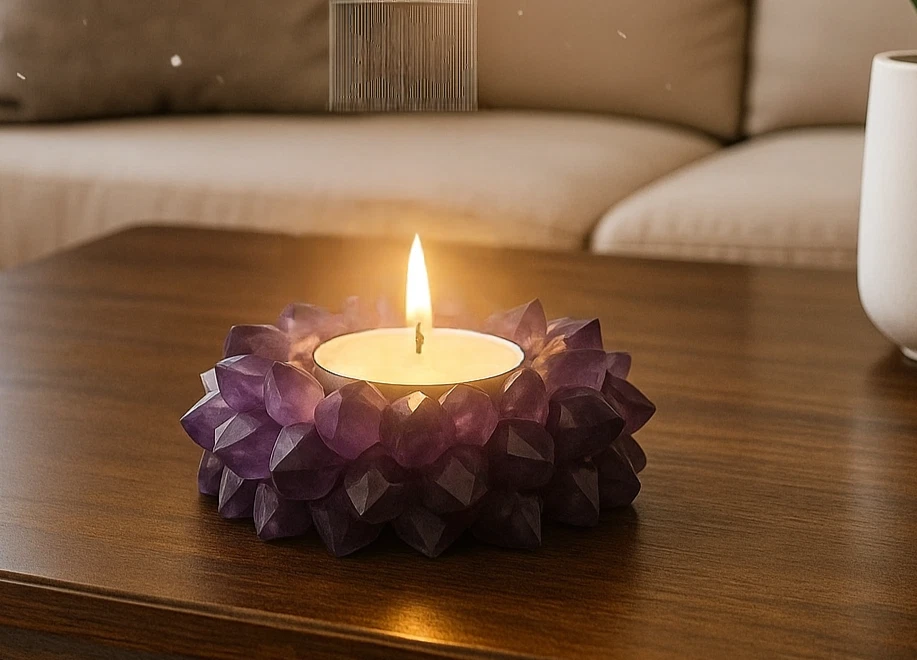 Amethyst Candle Holder – Lotus Crystal Tealight for Meditation & Healing Decor - Image 4 of 4