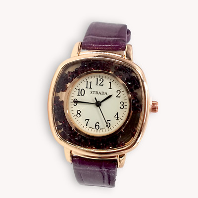 Strada 36MM Rose Gold & Purple Austrian Crystal Wristwatch Faux Leather Band
