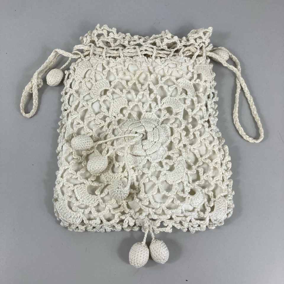 Antique Reticule Crochet Drawstring Miser Purse White Lined Puffy Tassels Poms - Image 2 of 4