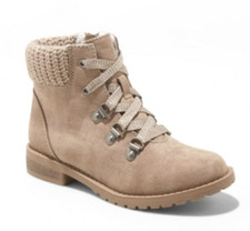 Cat and Jack Big Girls Leilani Tan Faux Suede Fur Lined Knit Cuff Ankle Boots