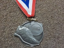 2 1/4" Silver Track medal, track shoe  stop watch, nice size, with engraving