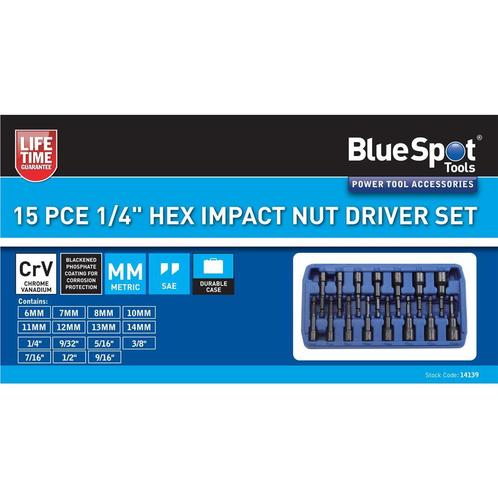 Bluespot 15pc Nut Driver Socket Set Impact Drill Metric SAE Bits Hex 1/4""