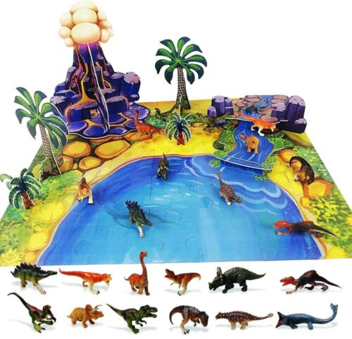 Ensemble de jeu puzzle préhistorique 3D et 12 mini jouets figurines de dinosaures, famille enfants - Photo 1 sur 6