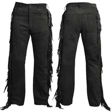 Suede Leather Cowboy Pants   Fringed Black Suede Trousers for Men   Native Style