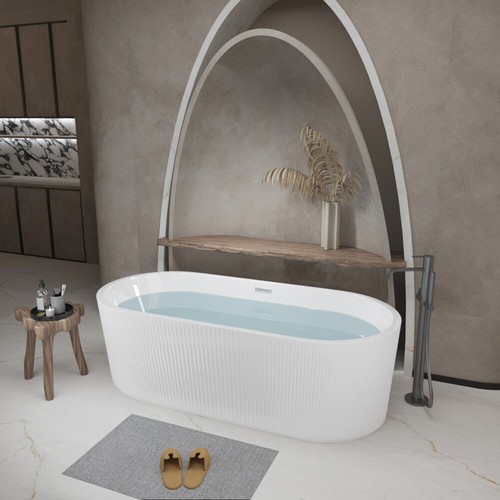 59" Acrylic Freestanding Soaker Bathtub Linear Stand Alone Soaking Tub White - Picture 3 of 24