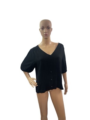 W5 Women s Size Large Short Sleeve V Neck Button Fronts  Black Blouse