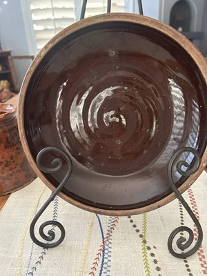 Antique Redware Pottery Pie Plate 9" Glazed Brown - Image 1 of 3