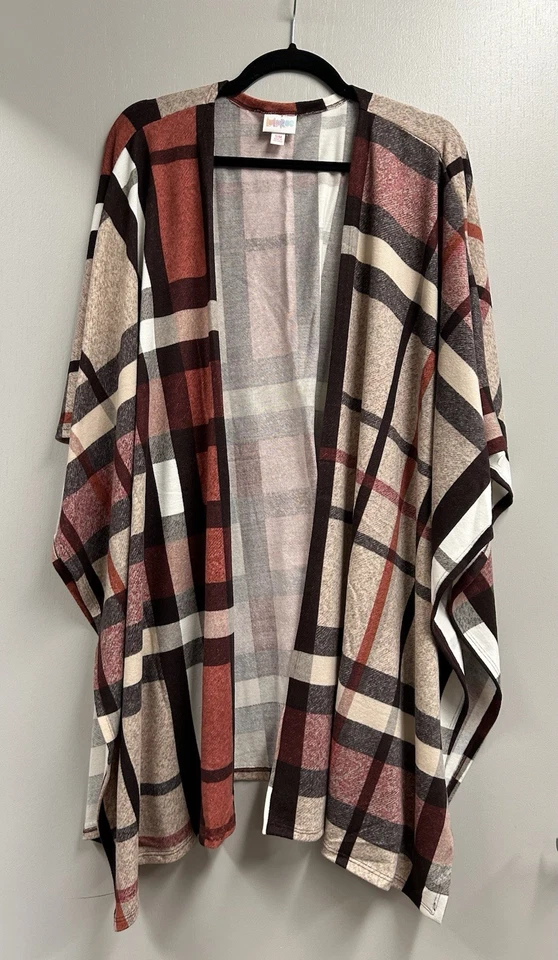 EUC Sm/Med Lularoe Savannah Plaid Kaftan Wrap In Chocolate, Rust, Gray & White - Image 3 of 4