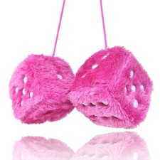 Fuzzy Plush Dice For Car Mirror Pair Of Retro 3 Pink With White