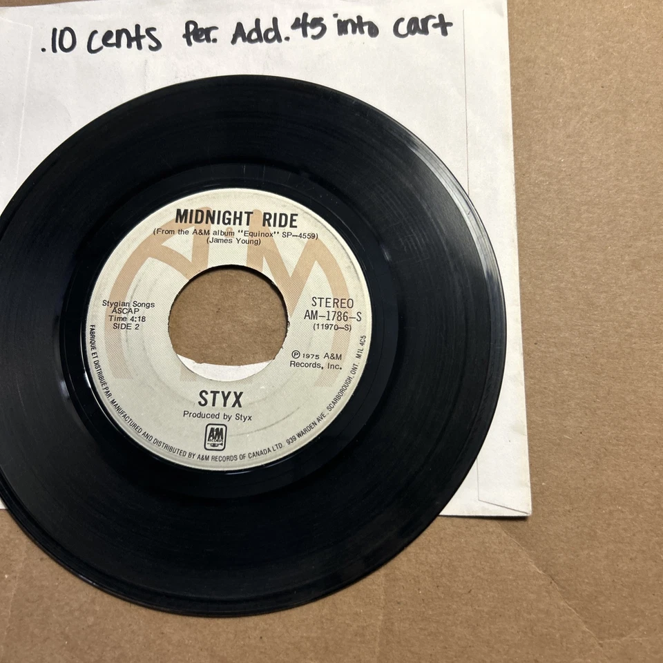 Styx Sticks Lorelei/Midnight Ride 1975 A&M Records 45 - Image 4 of 4