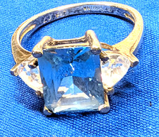 CZ Blue 10 X 5 mm and White Stone Ring Sterling Silver Size 7