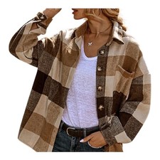 Plaid Shacket Women Large Brown Checkered Button Up Oversized Flannel Cozy Cabin