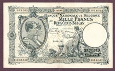 BELGIEN 1000 FRANCS 200 BELGAS 1939 Zustand II XF+ SPL+ S/N 1165.B.562 P. 104