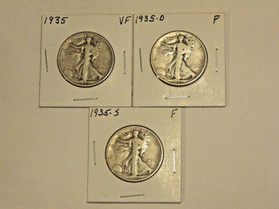 SILVER 1935-P-D-S  Silver Walking Liberty Half Dollars (3 coins) F-VF condition