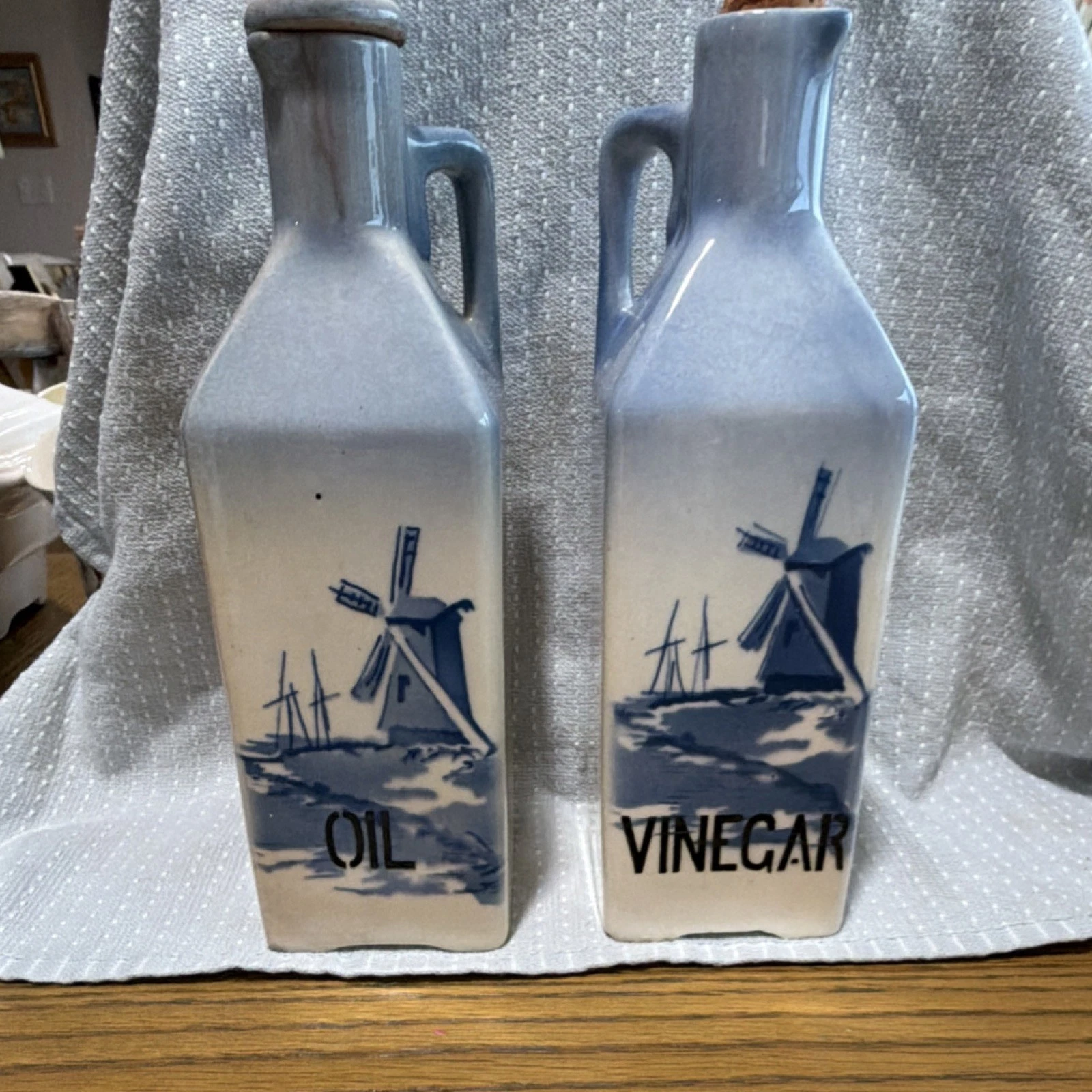 Blue White Ceramic Oil & Vinegar Bottle Set Windmill Design, 2-Piece