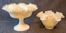 Fenton White Milk Glass Pedestal Bowl  Hobnail Vase Lot of 2